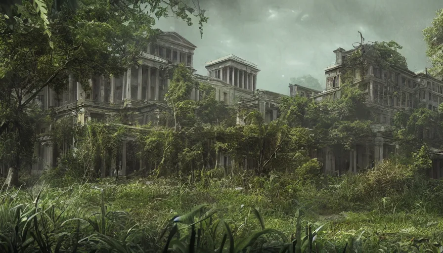 Prompt: Abandoned damaged Capitol covered by vegetation, game art matte painting hyperdetailed, artstation, cgsociety, 8k
