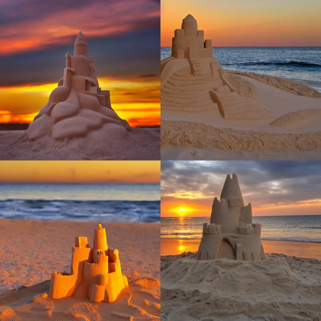 Prompt: sand castle in the shape of a spider beach golden hour