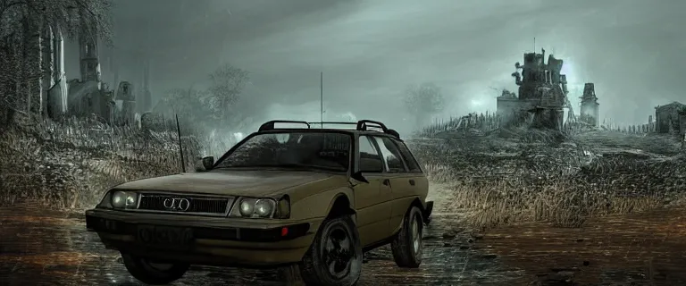 Prompt: Armored and Armed Military Audi 80 B3 Avant (1988) with a mounted M249 with soldiers on, Dark Souls 3, Eldritch Horrors, Wretched and Corrupted Knights, Heavy Battle, Fight, Car vs Knight, gunshots fired, a grim fantasy, Anor Londo, dramatic lighting, cinematic, establishing shot, extremely high detail, photorealistic, cinematic lighting, artstation, by simon stalenhag