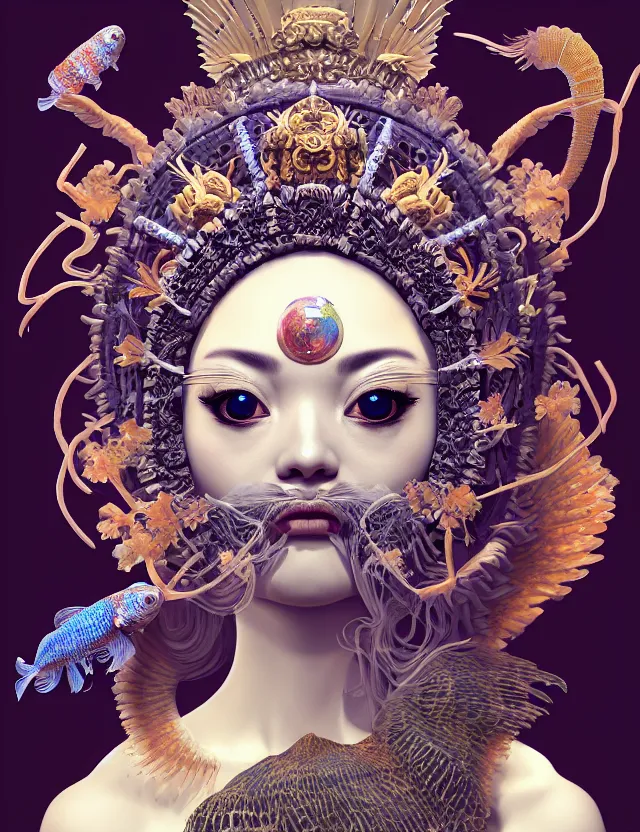 Image similar to 3 d goddess close - up portrait with crown, ram skull. beautiful intricately detailed japanese crow kitsune mask and clasical japanese kimono. betta fish, jellyfish phoenix, bioluminescent, plasma, ice, water, wind, creature, artwork by tooth wu and wlop and beeple and greg rutkowski