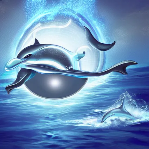 Prompt: Futuristic Dolphin-Alien with Cyborg Implants Levitating and Flying Over the Ocean, Digital Art