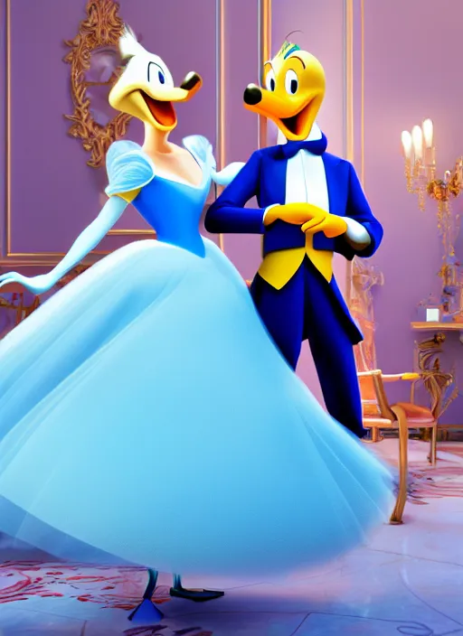 Prompt: cinderella and donald duck on a date the ritz, octane render, elegant, cinematic, elegant, intricate, 8 k