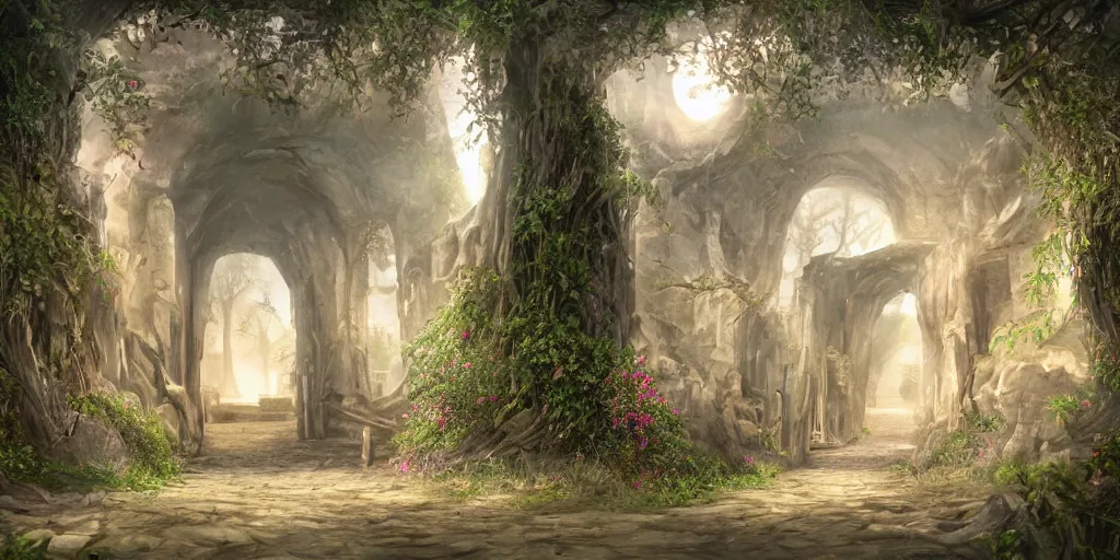 Image similar to beautiful matte painting of entrance to maze