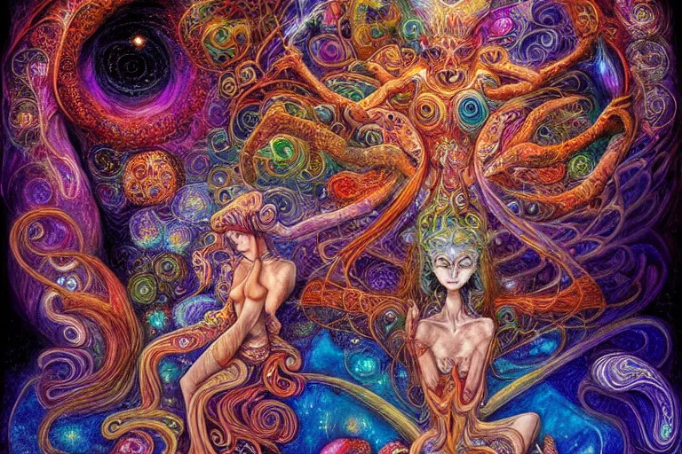 Image similar to two psychedelic shamans intertwined in a cosmic entanglement by Josephine Wall and Daniel Merriam, Artstation