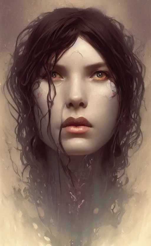 Image similar to portrait of a dark girl with death on mind , surreal, intricate, headshot, highly detailed, digital painting, artstation, concept art, cinematic lighting, illustration, art by artgerm and greg rutkowski, alphonse mucha, cgsociety, science fiction