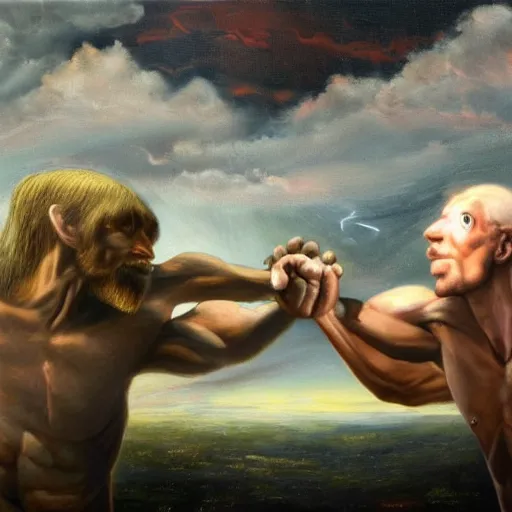 Prompt: masterful oil painting, of god arm wrestling a grey alien in the sky, background of the earth below them