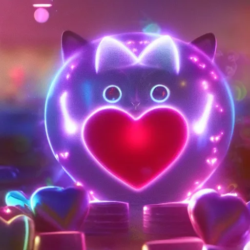 Prompt: an extremely cute cat made of hearts sending love to the quantum realm, octane render, happy colours