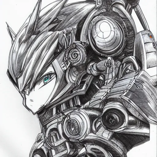 Image similar to an intricate ballpoint drawing of a giant anime robot