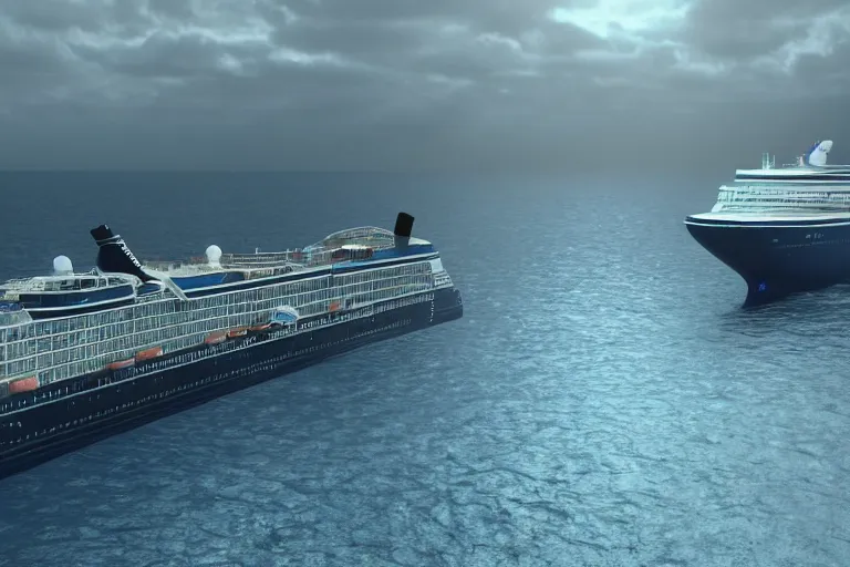 Image similar to photorealistic blue - toned photo of a cruise ship, brooding, atmospheric, lovecraft, horror, smooth, epic, highly detailed, cinematic, unreal engine render