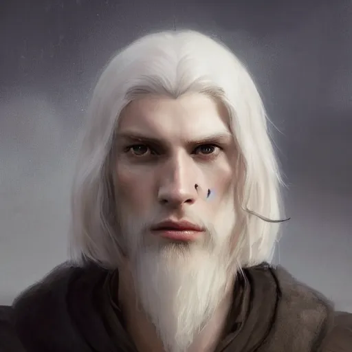 Prompt: character design, portrait of a attractive male with pale skin, long white hair and proeminent cheekbones, medieval, dark armor, painting by wlop, nixeu and greg rutkowski, beautiful, cgsociety, semirealism, artstation, octane render, sharpness, 8 k, golden ratio