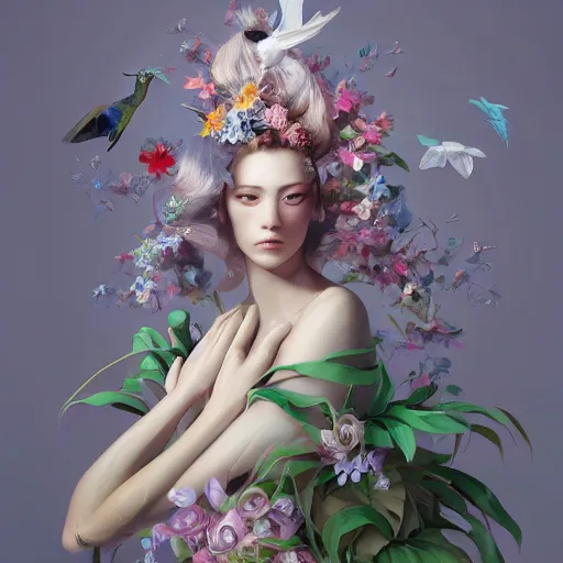 Image similar to 3 / 4 view of a beautiful girl wearing an origami dress, eye - level medium shot, fine floral ornaments in cloth and hair, hummingbirds, elegant, by eiko ishioka, givenchy, tyler edlin, by peter mohrbacher, centered, fresh colors, origami, fashion, detailed illustration, vogue, japanese, reallusion character creator