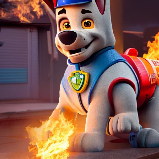 Image similar to marshall using a water hose to extinguish the burning paw patrol base, movie poster, intricate detail, 8 k, trending on artstation, octane render