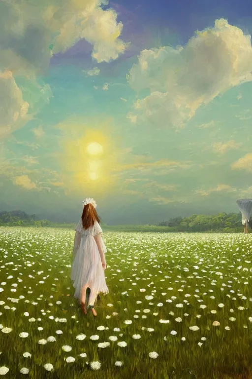 Image similar to giant white daisy flower veil, girl walking in a flower field, surreal photography, sunrise, dramatic light, impressionist painting, colorful clouds, digital painting, artstation, simon stalenhag