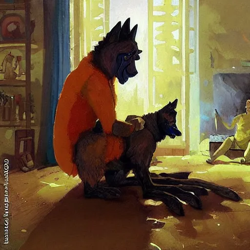 Image similar to a humanoid german shepherd beast - man, sitting and watching a soccer match in his house on television, he has hurt his knee and is a dad, by erin hanson, alexi zaitsev, karl spitzweg, award winning, tv set