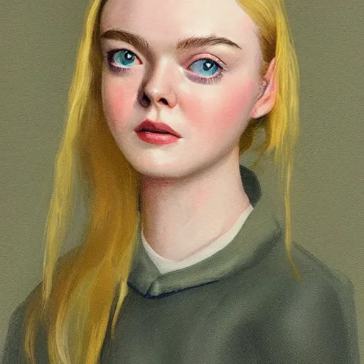 Image similar to professional painting of Elle Fanning in the style of Scott Listfield, head and shoulders portrait, symmetrical facial features, smooth, sharp focus, illustration, intricate, stormy weather, extremely detailed masterpiece,