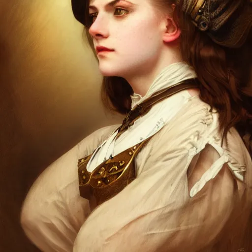 Image similar to portrait of a 1800s young female steampunk fighter, futuristic, headshot, hyper realistic, pale skin, 4k, rule of thirds, extreme detail, detailed drawing, trending artstation, hd, fantasy, D&D, realistic lighting, by Alphonse Mucha, Greg Rutkowski, sharp focus, backlit, elegant