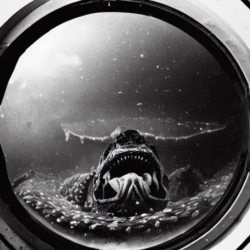 Image similar to an old black and white photo of a nightmarish sea monster seen through the porthole of a submarine, underwater, creepy, scary, dark,