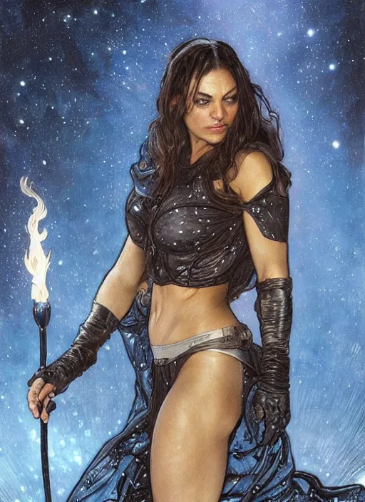 Image similar to epic muscled Mila Kunis as Catwoman walking out of a deep dark cave, puffy warm wooly clothing,stormy snowy winter, blue fireflies, nebula background, torches, fantasy, intricate, elegant, highly detailed, tasteful art by artgerm and donato giancola and alphonse mucha, WLOP