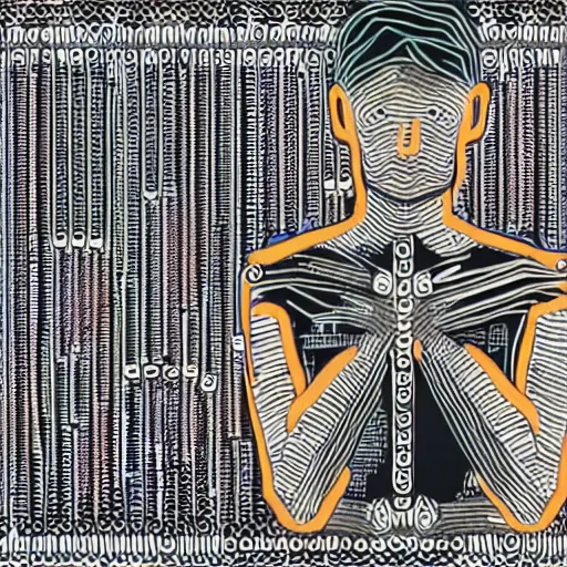 Image similar to illustration of a person made of patch cables using a modular synthesizer