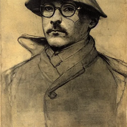 Prompt: sheet ghost in glasses in world war one by sir james guthrie