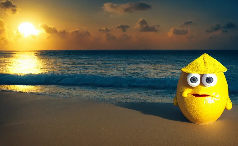 Image similar to 5 0 mm photograph, of a real anthropomorphic lemon character, with lemon skin texture, it is wearing a hat and scuba diving, building a sandcastle on the beach at sunset, beach, huge waves, sun, clouds, tropical trees, rim light, cinematic photography, professional, sand, sandcastle, volumetric lightening