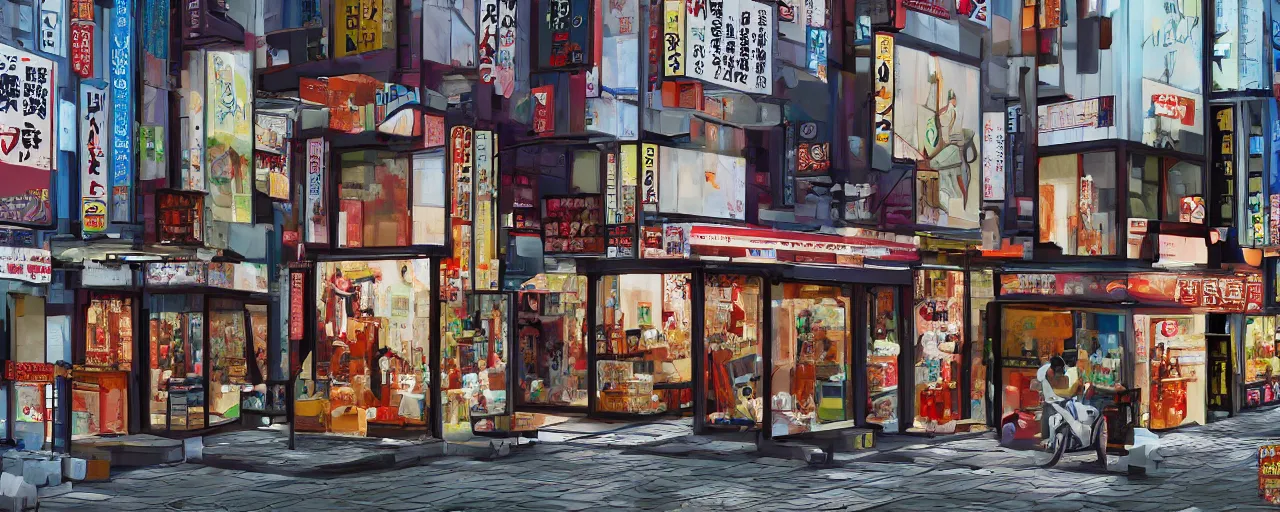 Prompt: Tokyo facades storefronts with no people illustration digital art painting artstation depth global illumination GI AAA SSS