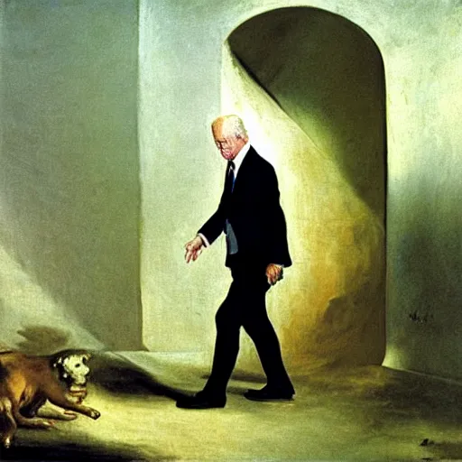 Image similar to president biden emerging from an underground white house, francisco goya oil painting