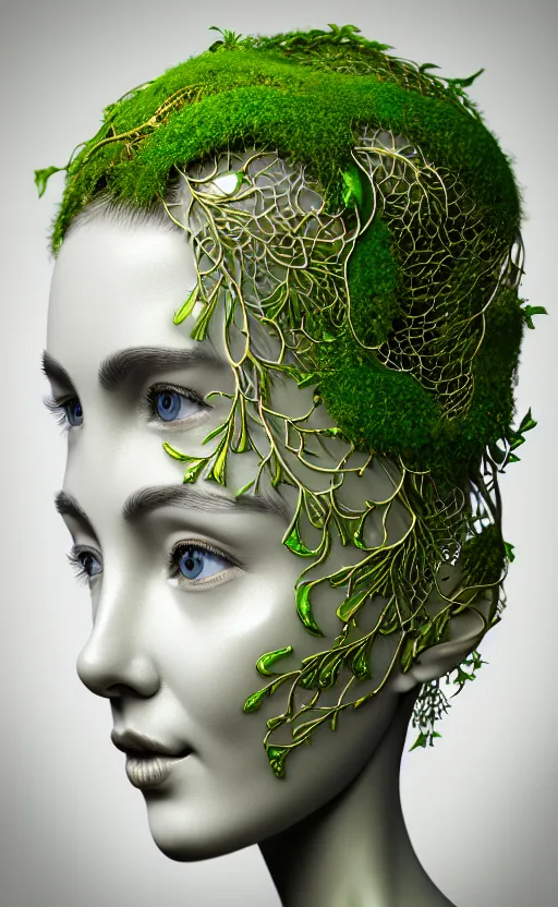 Image similar to ultra detailed complex 3d render of a beautiful porcelain profile woman face, hazel eyes, vegetal dragon cyborg, 150 mm, beautiful natural soft light, rim light, silver gold metallic details, magnolia soft lime green big leaves and stems, moss, roots, fine lace, maze like, mandelbot fractal, anatomical, facial muscles, cable wires, microchip, elegant, white metallic armour, octane render, black and white, H.R. Giger style