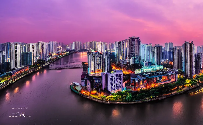 Image similar to a photo of guangzhou, river, sunset, purple sky, cinematic, 8 k, highly - detailed