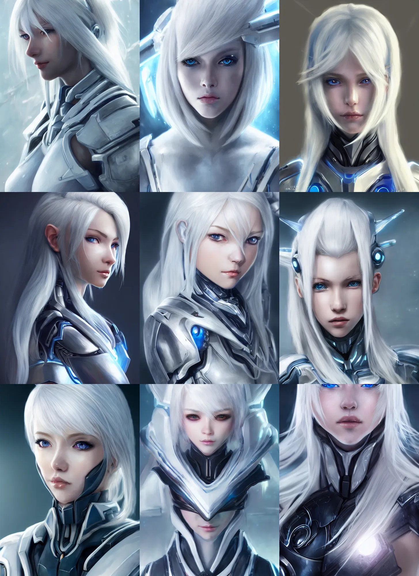 Image similar to detailed portrait of perfect white haired girl, android, warframe armor, beautiful, pretty face, blue cyborg eyes, innocent, scifi, 4 k, sun yunjoo, ultra realistic, aura of light, cinematic lighting, highly detailed, sharp focus, artstation, masterpiece, art by hyungjin yang and akihito tsukushi