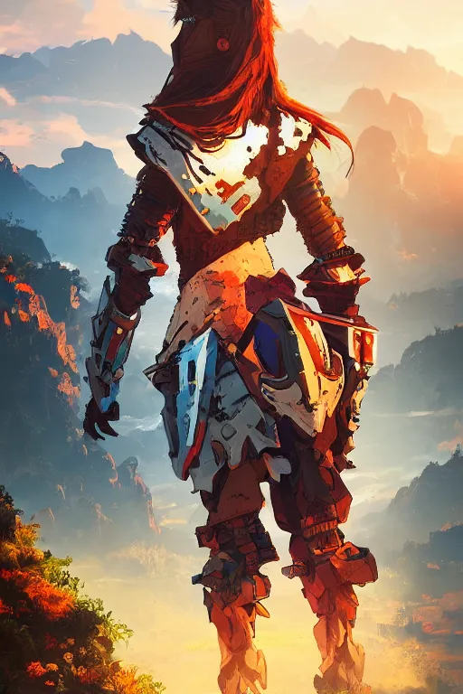 Image similar to combination suit armor aloy horizon forbidden west horizon zero dawn radiating a glowing aura global illumination ray tracing hdr fanart arstation by ian pesty and alena aenami artworks in 4 k tribal robot ninja mask helmet backpack