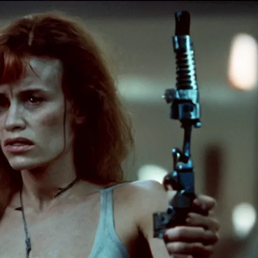 Prompt: a film still of The Terminator in a red woman dress, long shot