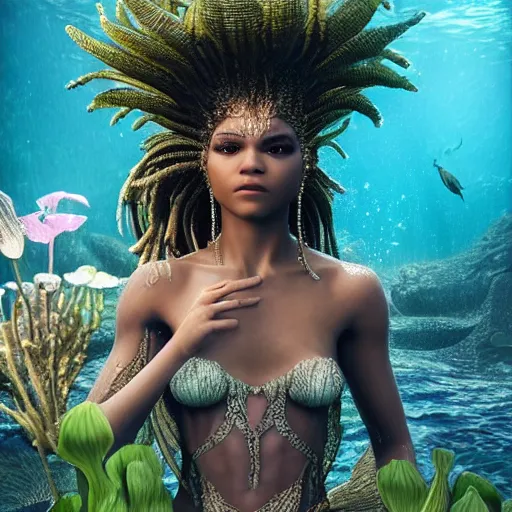 Image similar to dramatic upper body portrait of zendaya as a dark - skinned mermaid la sirene haitian goddess, under water, white lilies, concept art, intricate details, bloom, highly detailed, photorealistic, octane render, 8 k, art by annie leibovitz and wlop and frank frazetta and simon bisley h - 7 2 0