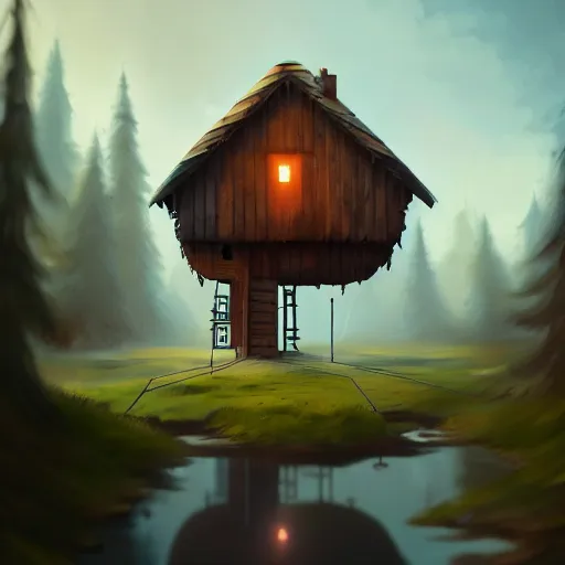 Image similar to a walking wood and metal house with two legs and one big eye, smoky chimney, rust, hyperrealistic, highly detailed, cinematic, single ray of sun, morning, pareidolia, gravity falls style, disney, beautiful, cgssociety, artstation, 8 k, oil painting, digital art