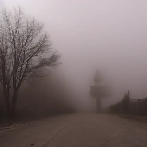Image similar to creepy town covered in heavy fog with monsters