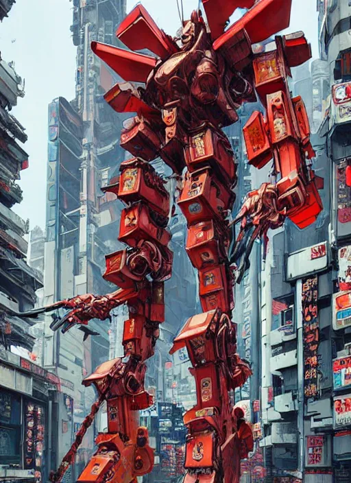 Image similar to giant war robots in the middle of cyberpunk tokyo. detailed, wearing kimono armour, by conrad roset, takato yomamoto, jesper ejsing, masamune shiro, ukiyo - e