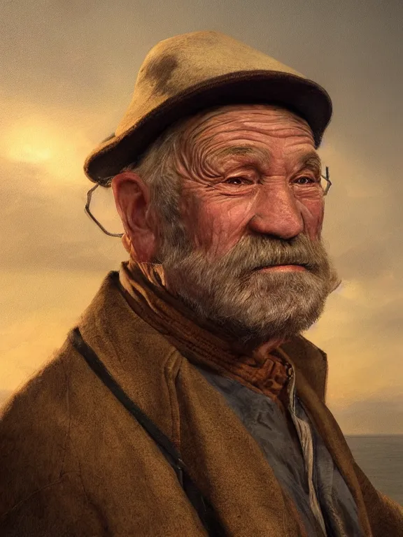 Image similar to realistic renderings portrait of very old fisher man portrait with a hat, port scene background, astonishing scenes, detailed, photorealism, volumetric lighting, autumn lights colors, ultra detailed