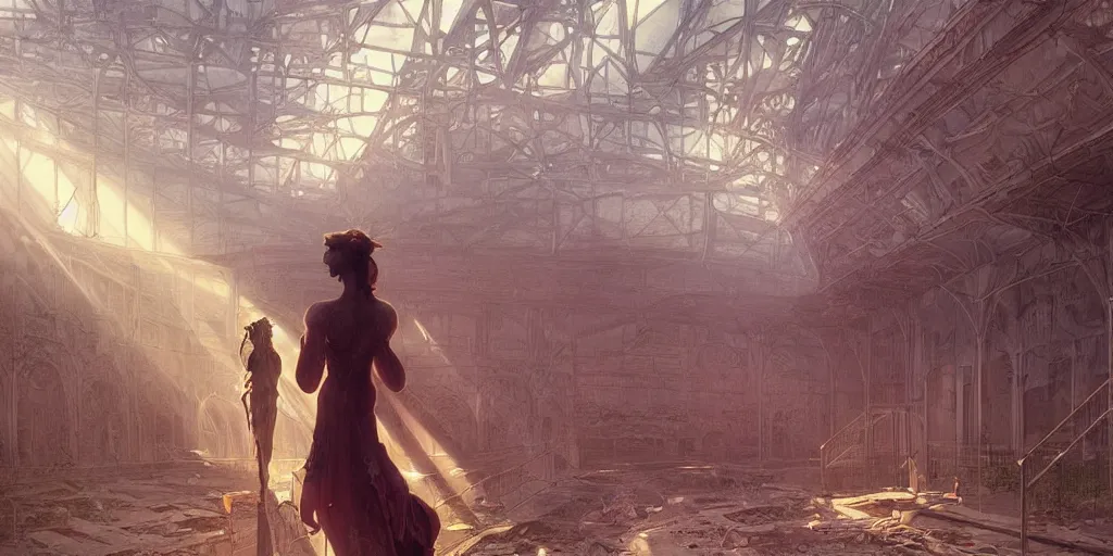 Image similar to cat enters abandoned derelict stadium, volumetric rays, wide angle, cinematic lighting, intricate, elegant, highly detailed, digital painting, artstation, sharp focus, illustration, art by artgerm and greg rutkowski and alphonse mucha and Wayne Barlowe and william-adolphe bouguereau