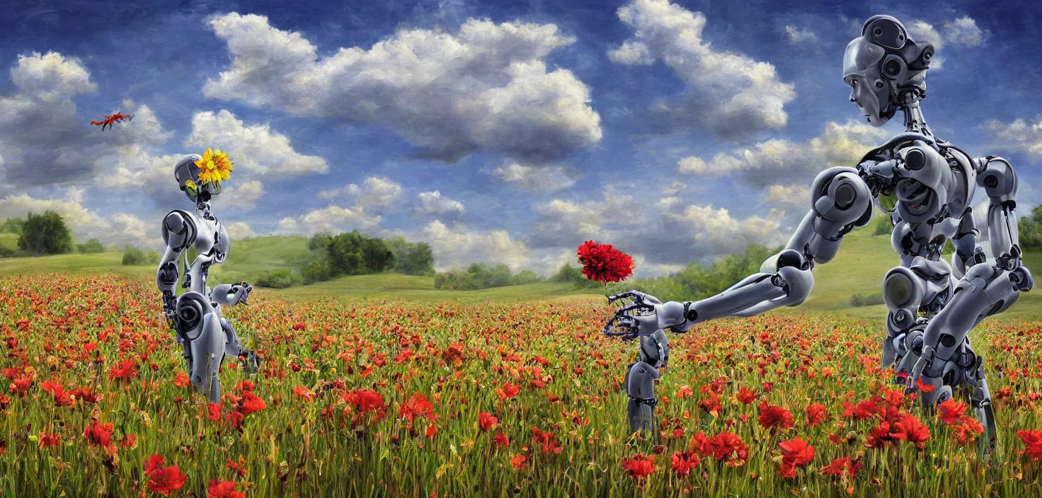 Prompt: detailed digital painting of a robot picking a flower in a beautiful open field, VISTA photography by Carr Clifton Galen Rowell