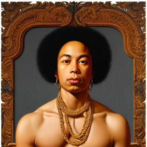 Image similar to A portrait of a thin trendy and gorgeous non-binary person, light skin tone, Maori people, oil painting by Kehinde Wiley, majestic, detailed, high resolution