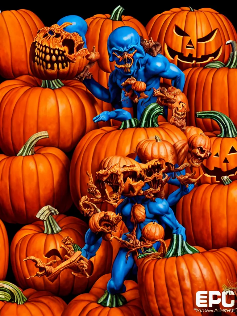 Image similar to hyperrealistic rendering, epic pumpkin overlord battle by art of skinner and richard corben and jeff easley, product photography, action figure, sofubi, studio lighting, colored gels