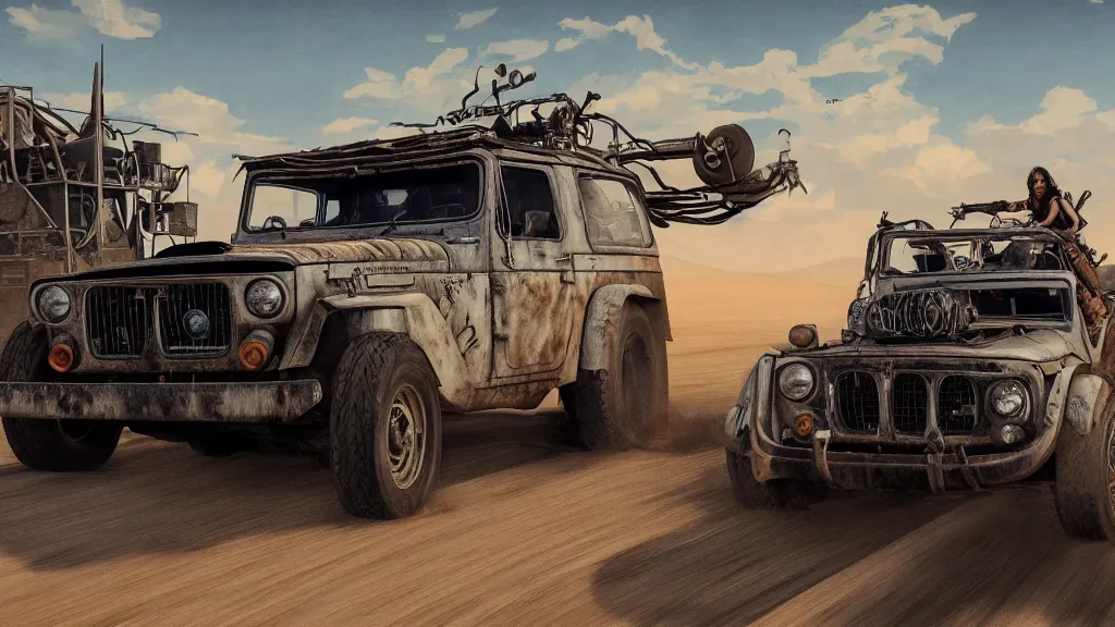 Image similar to illustration of mad max's fj 4 0 pursuit special, the last v 8 interceptor driving down to the gates of valhalla highway, riding fury road eternal shiny and chrome, world of fire and blood, by makoto shinkai, ilya kuvshinov, lois van baarle, rossdraws, basquiat, studio ghibli, global illumination ray tracing hdr