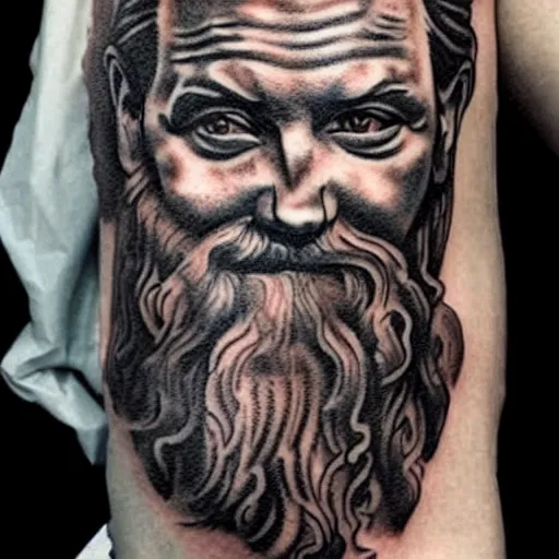 Image similar to amazing zeus tattoo, realistic drawing, hyper - realistic, faded, tattoo design