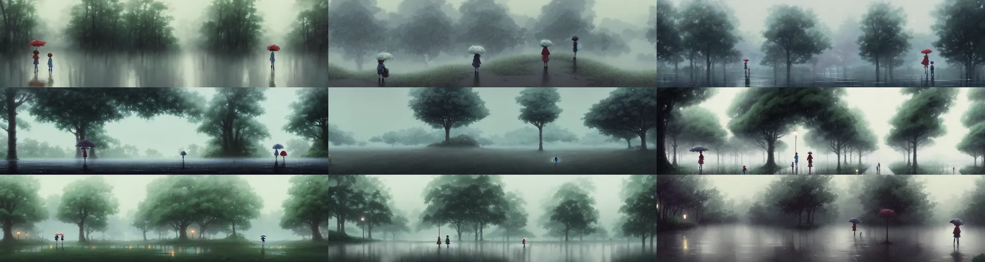 Prompt: a wholesome animation key shot of a rainy day misty panorama, studio ghibli, pixar and disney animation, sharp, rendered in gouache painting, anime gouache key art by greg rutkowski, bloom, dramatic, dynamic lighting