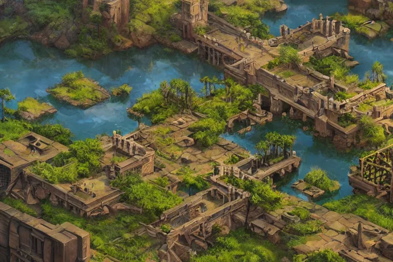 Prompt: ancient city, lake, plants, isometric art, bright, artstation, highly detailed, cinematic lighting + masterpiece