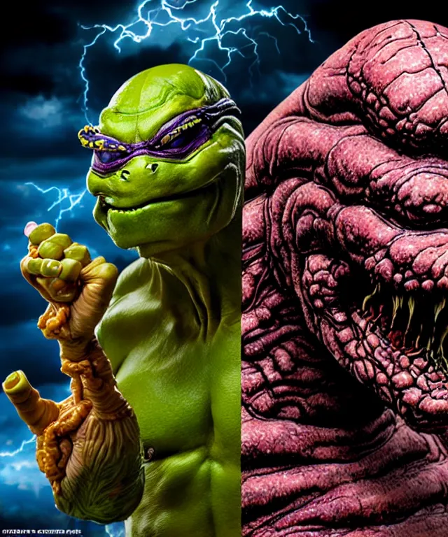 Image similar to hyperrealistic rendering, epic boss battle, cronenberg flesh monster tmnt, by art of skinner and richard corben, product photography, collectible action figure, sofubi, hottoys, storm clouds, outside, lightning