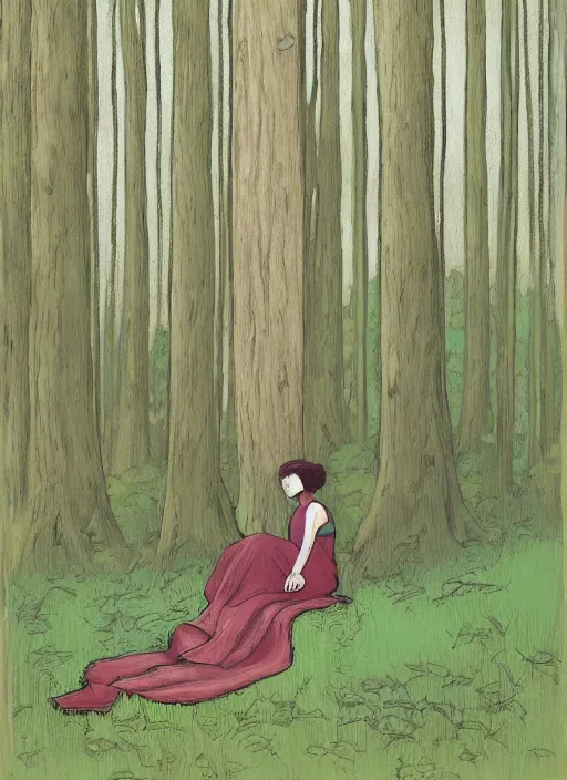 Image similar to a painting of a woman sitting in a tall forest, painting by will barnet, artstation contest winner, matte painting, 2 d game art