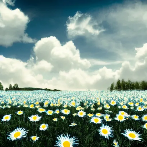 Prompt: a field of light blue daisies with a white sky in the background, matte painting