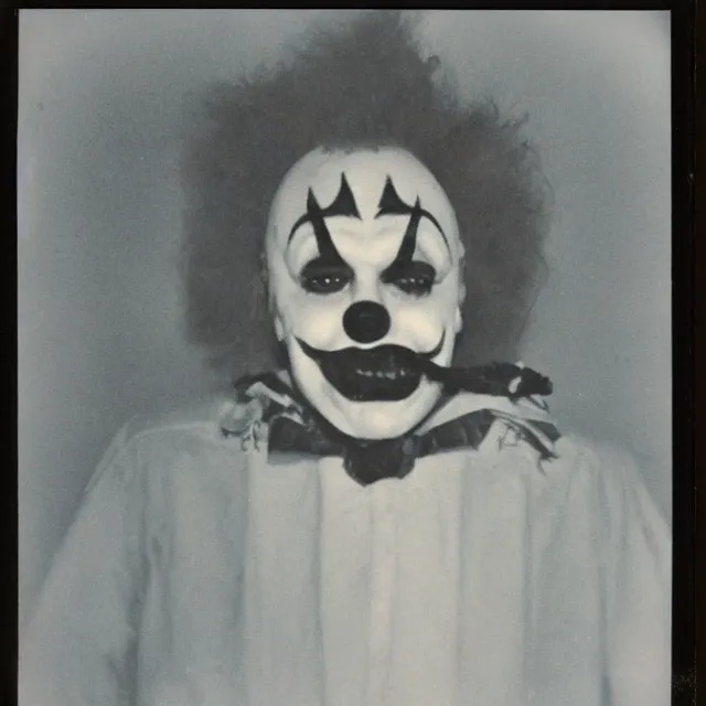 Prompt: a found polaroid photograph of a frightening clown, night