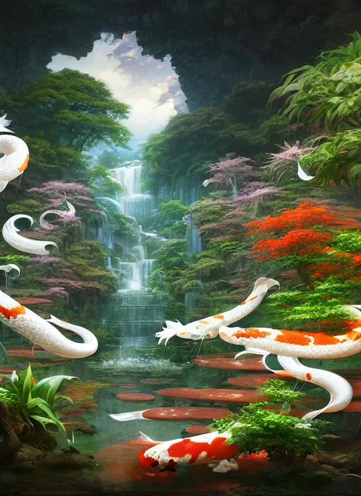 Prompt: white, koi colors, temple of the snake deity, lush vegetation, vibrant colors, octane render, jesper ejsing, james jean, justin gerard, tomasz alen kopera, cgsociety, fenghua zhong, makoto shinkai, highly detailed, rim light, art, cinematic lighting, very coherent, hyper realism, high detail, 8 k